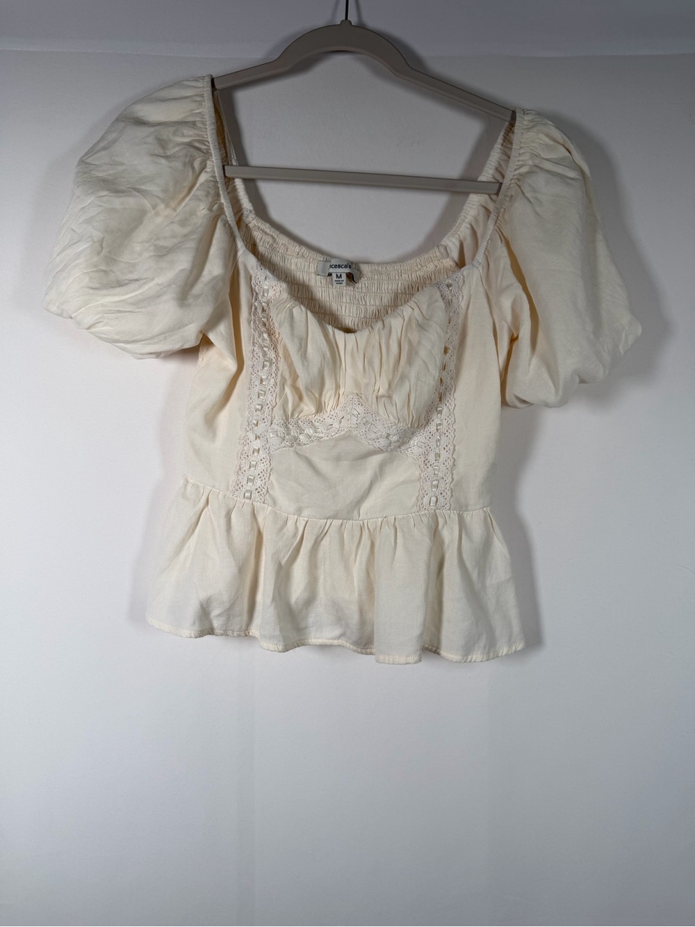 Francesca's Collections Cream Peplum Puff-Sleeve Crop Top Cottagecore, Edwardian